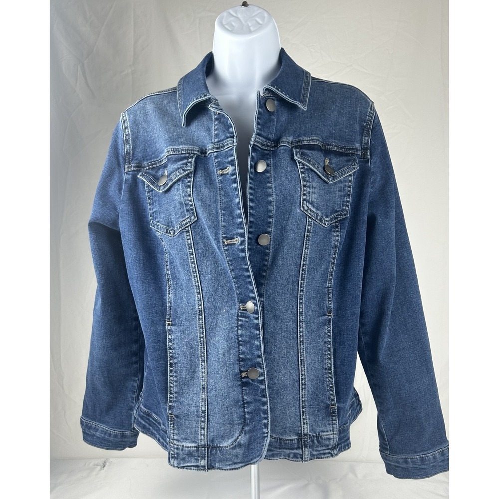 Denim Jacket Size 1 Chico's Womens Medium Blue‎ Chest Button Pockets Long Sleeve